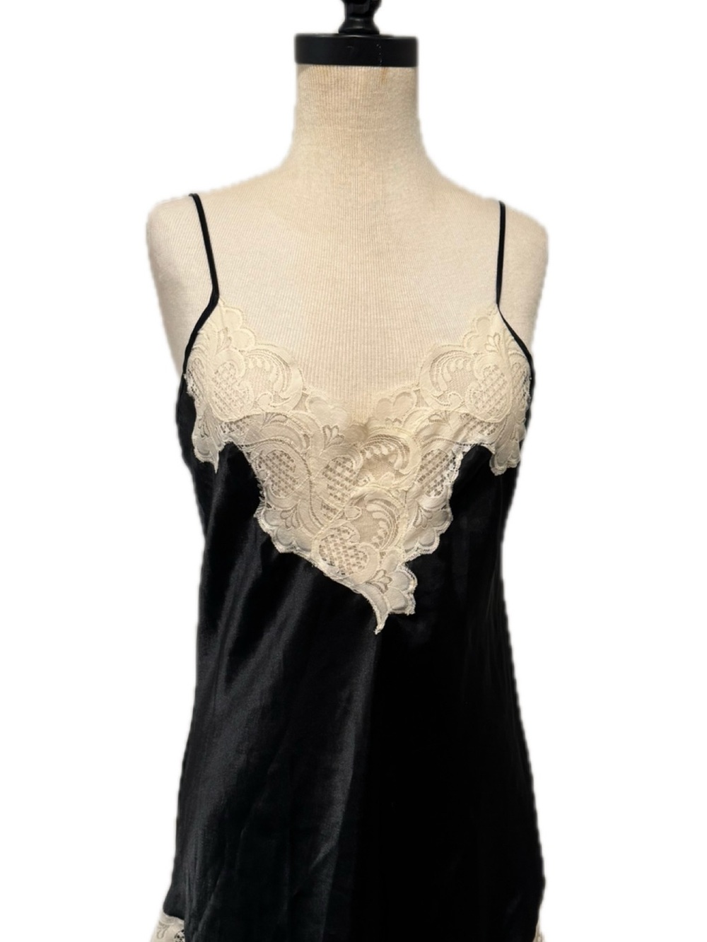Vintage Victoria’s Secret Black Slip Dress with Cream Lace Trim